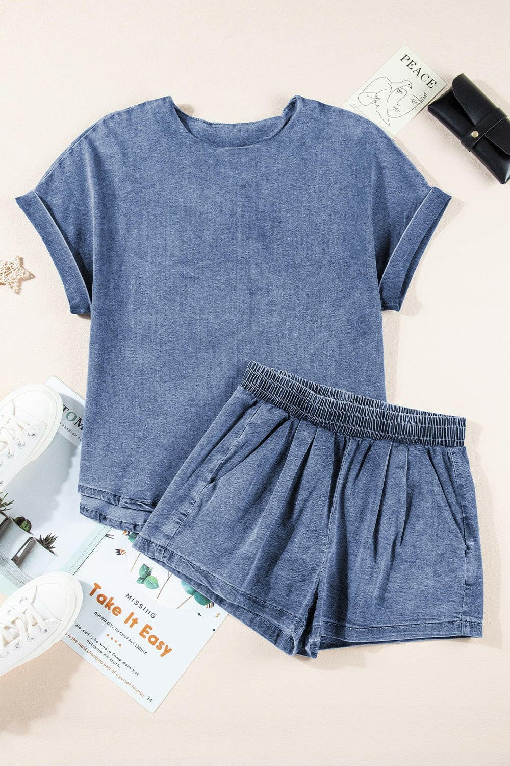 Round Neck Short Sleeve Top and Shorts Denim Set.