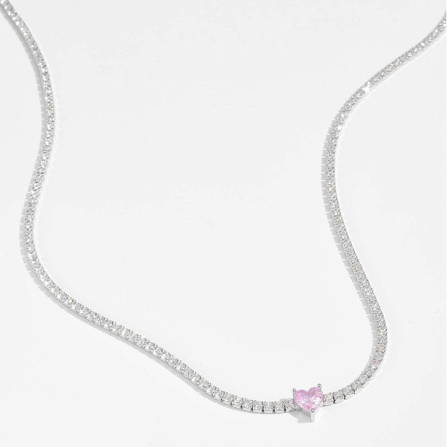 Inlaid Zircon Heart 925 Sterling Silver Necklace.