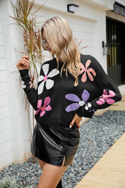 Flower Round Neck Drop Shoulder Sweater.