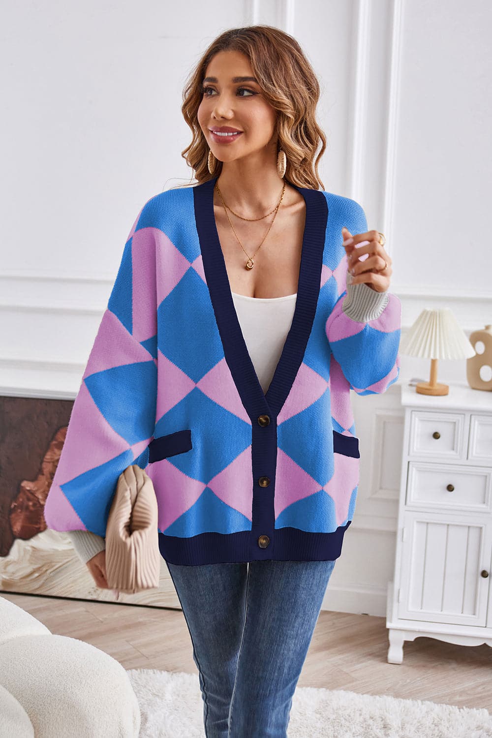 Geometric Lantern Sleeve Cardigan with Pockets.