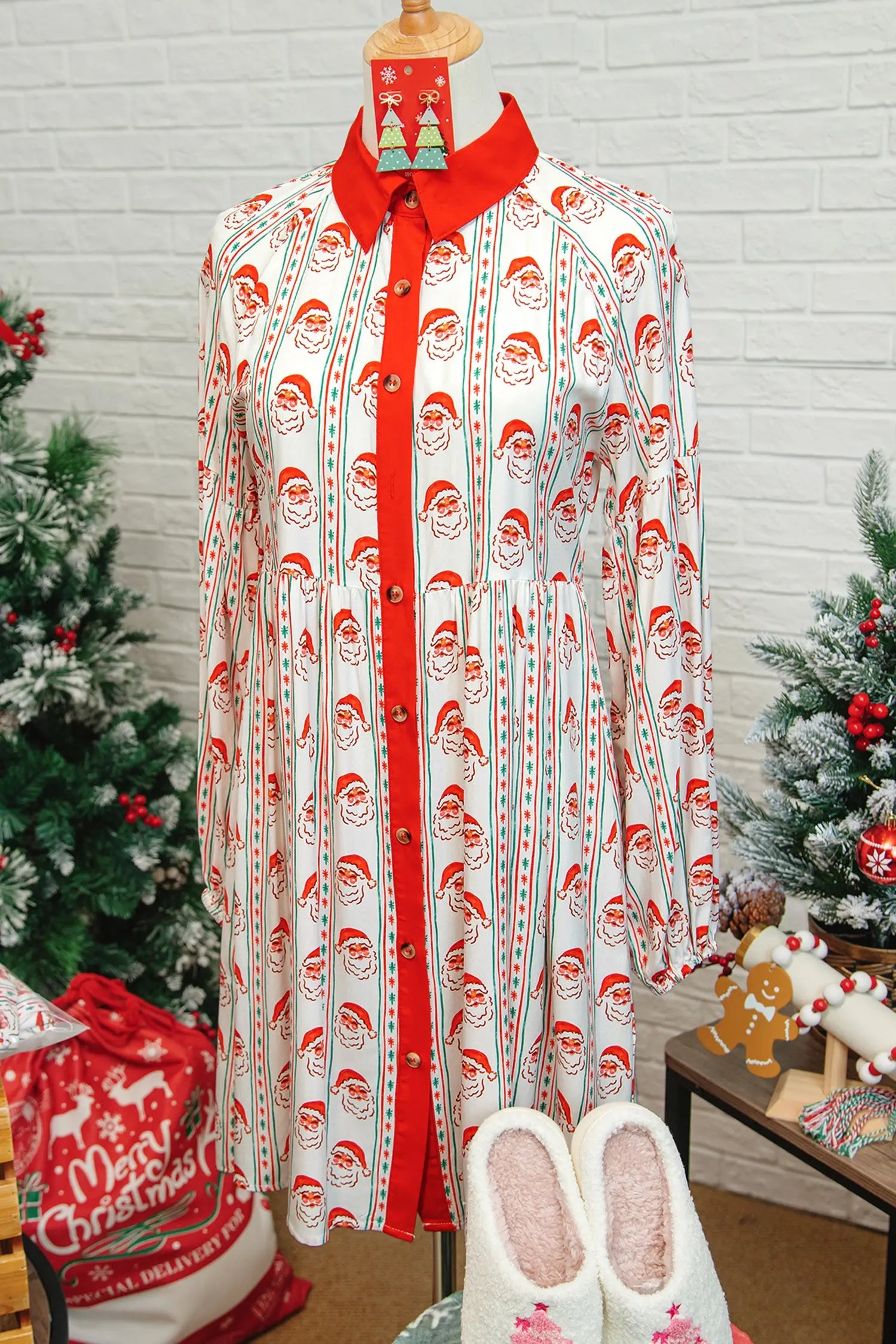 White Santa Contrast Collar Button Front Long Sleeve A Line Mini Dress Dear-Lover Dropshipping