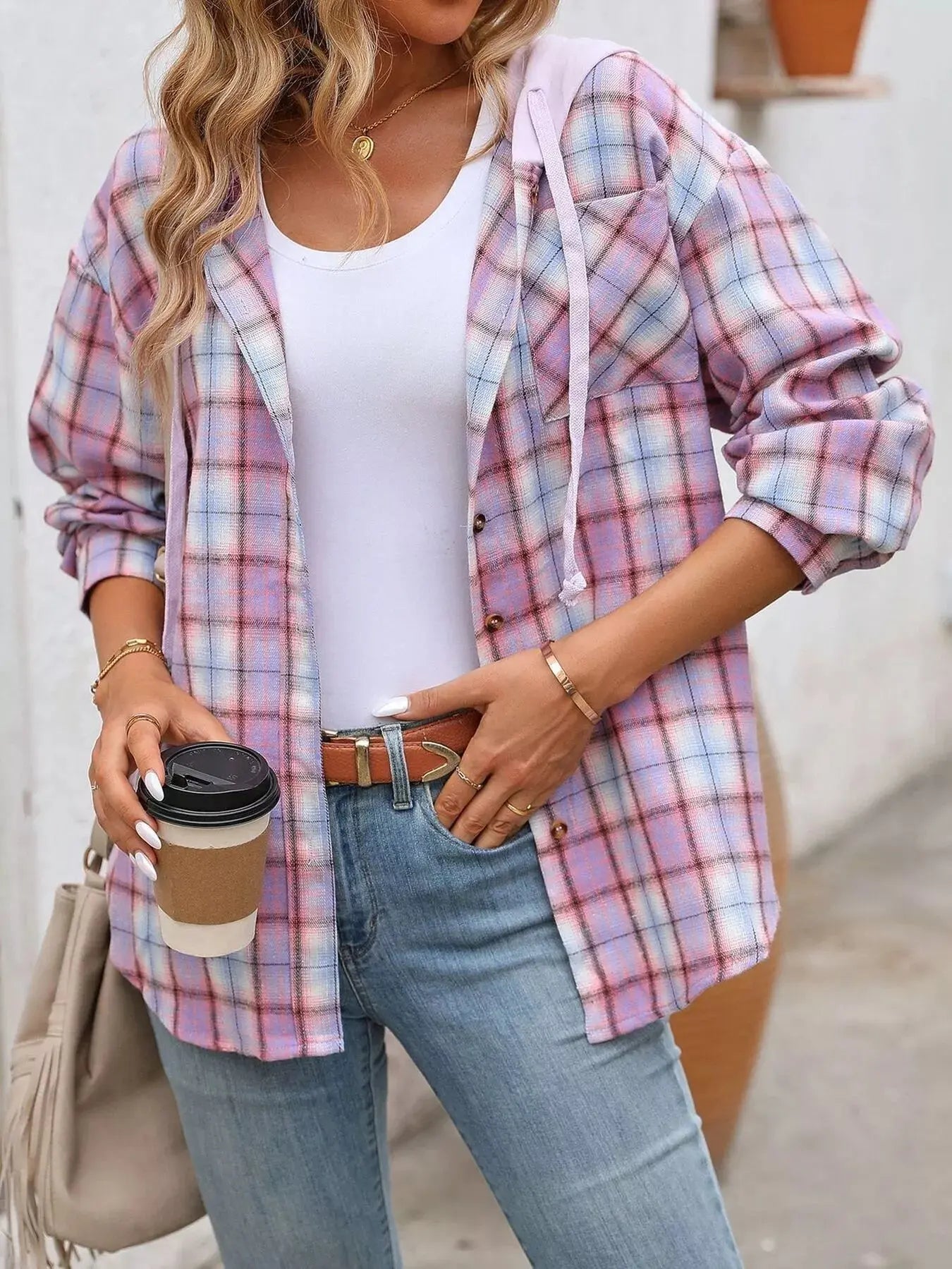 Hooded Plaid Button-Up Shirt Simply Love