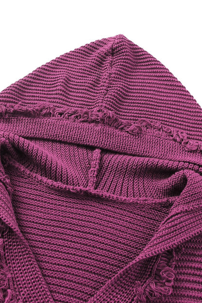 Woven Right Horizontal Ribbing Fringe Trim Hooded Sweater.