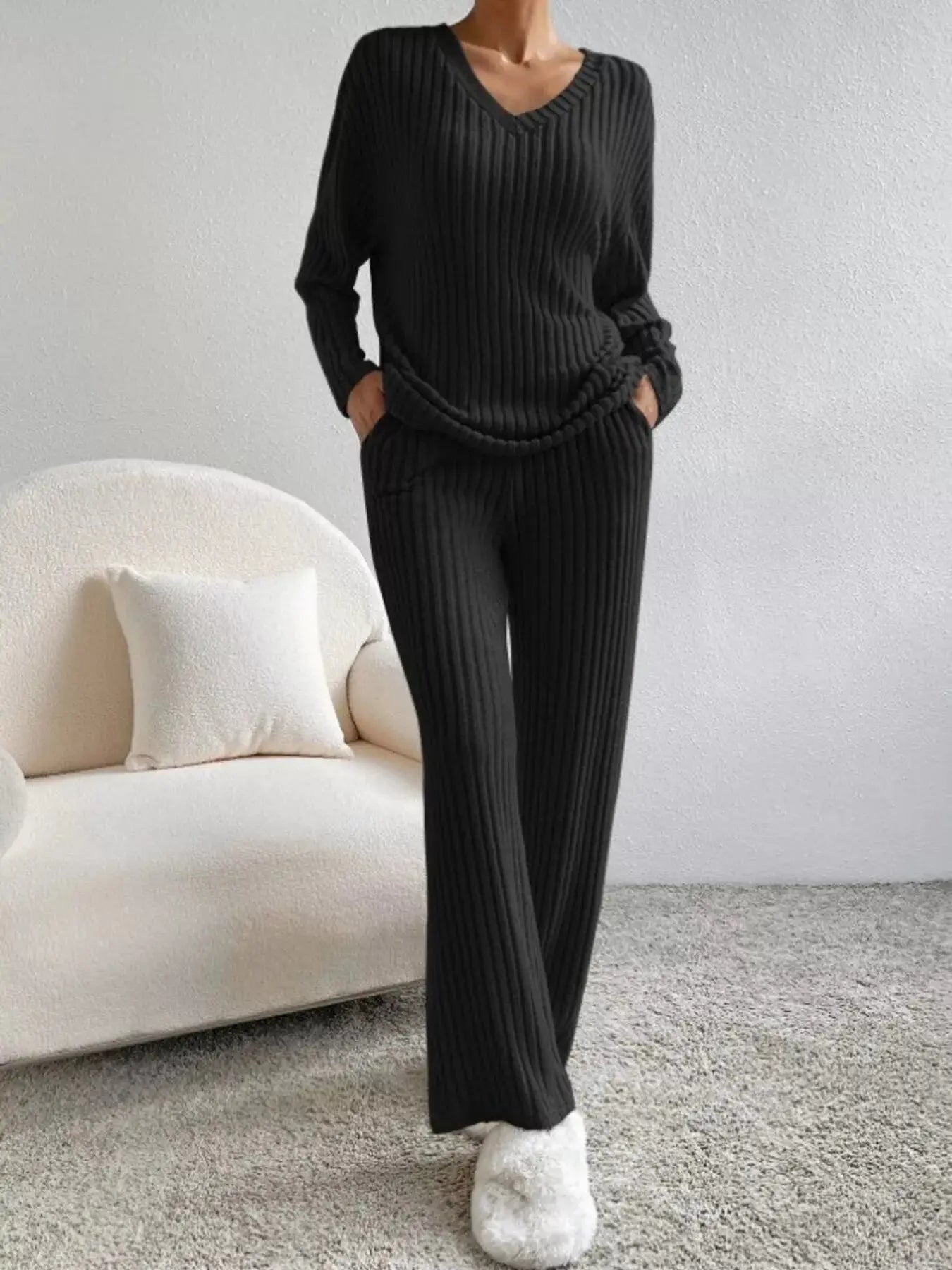 Ribbed Knit V-Neck Top and Pants Set Simply Love