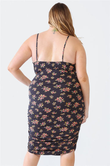 Blue Leopard Plus Size Ruched Floral Square Neck Cami Dress.