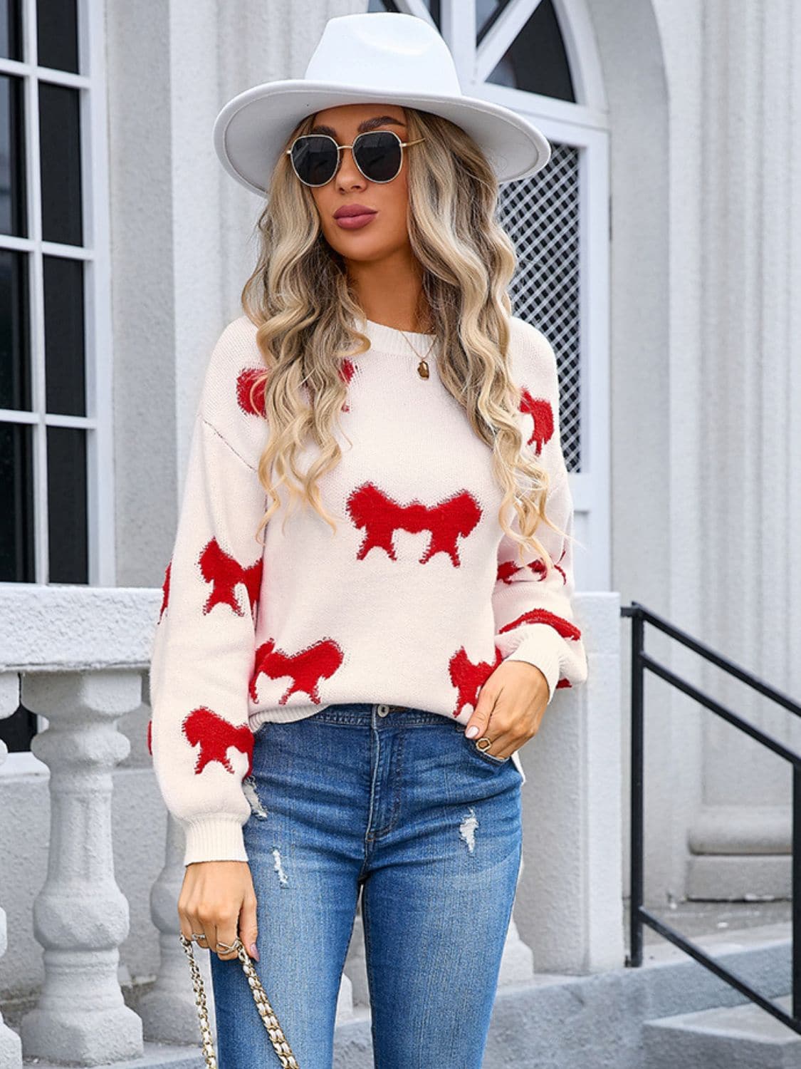 Cozy bow neck dropped shoulder sweater for effortless style