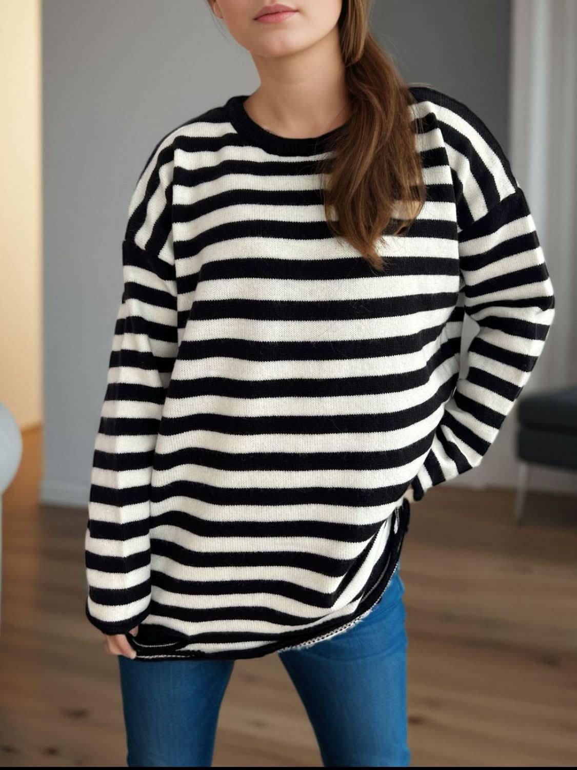 Distressed Striped Round Neck Long Sleeve Sweater