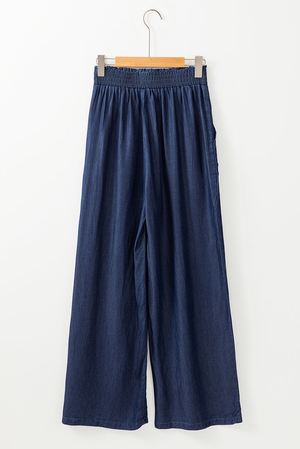 Sail blue frilled smocked high-waist wide-leg jeans with pockets