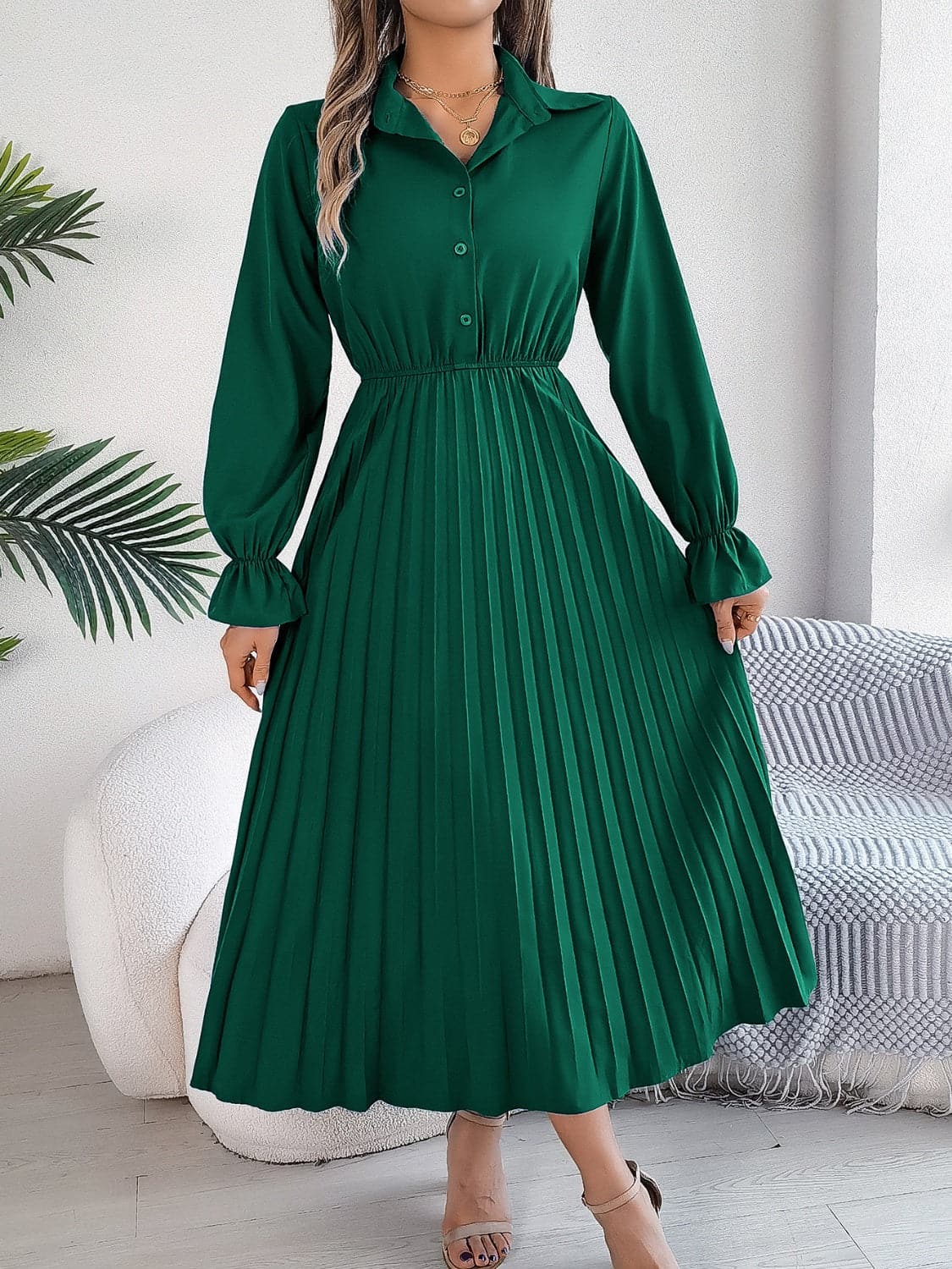 Pleated Half Button Long Sleeve Midi Dress.