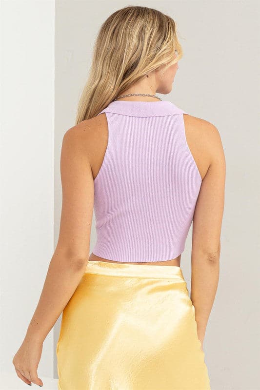 Sleeveless Collared Crop Knit Top.