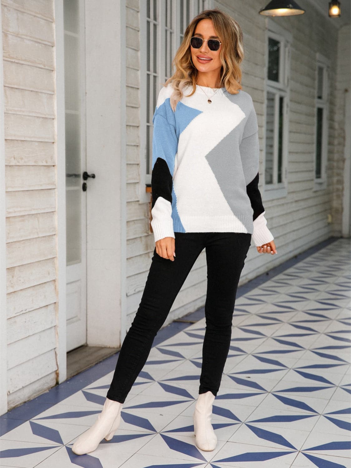 Color Block Round Neck Dropped Shoulder Sweater.