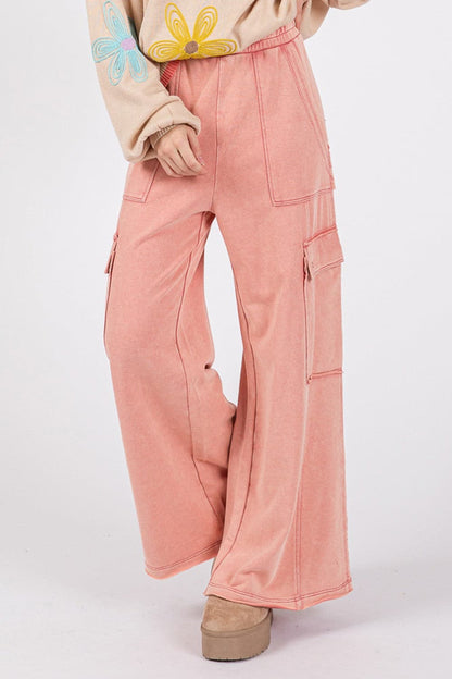 Cozy chic mineral wash wide leg knit terry pants