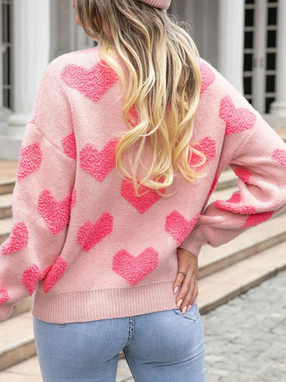 Heart Round Neck Dropped Shoulder Sweater.