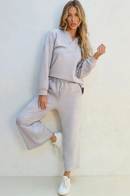 Sleek Textured Long Sleeve Top with Coordinating Drawstring Pants Set