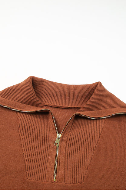 Chic brown zip collar sweater with ribbed trim for plus sizes