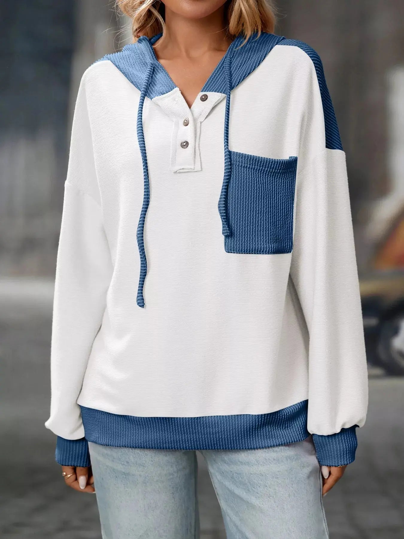 Casual Color Block Button Detail Hoodie Simply Love