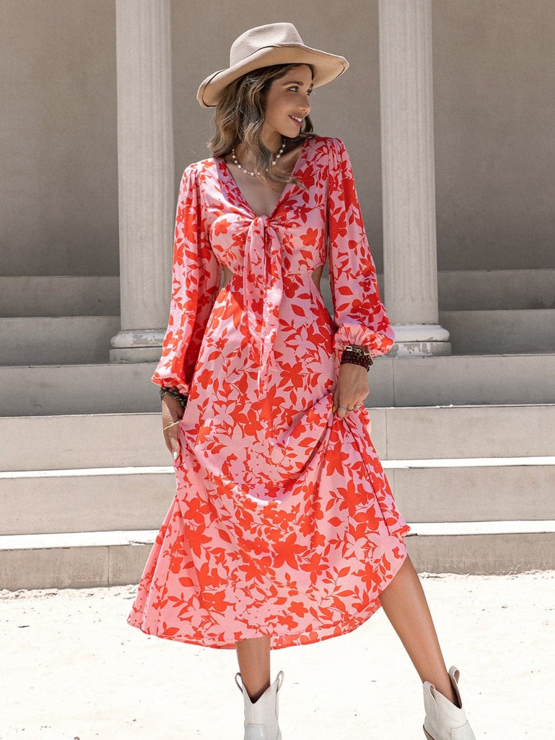 Tied Cutout Printed Long Sleeve Midi Dress.