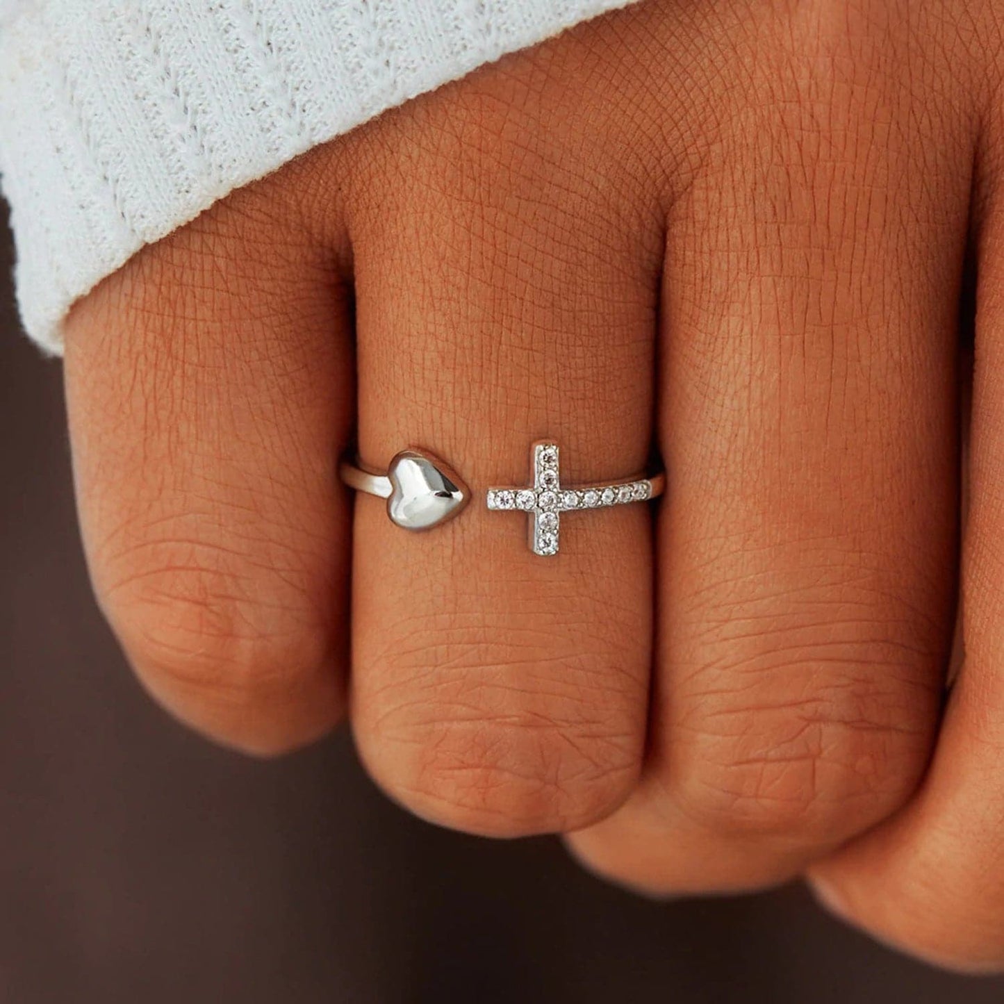 Heart Shape Cross Inlaid Zircon Open Ring.