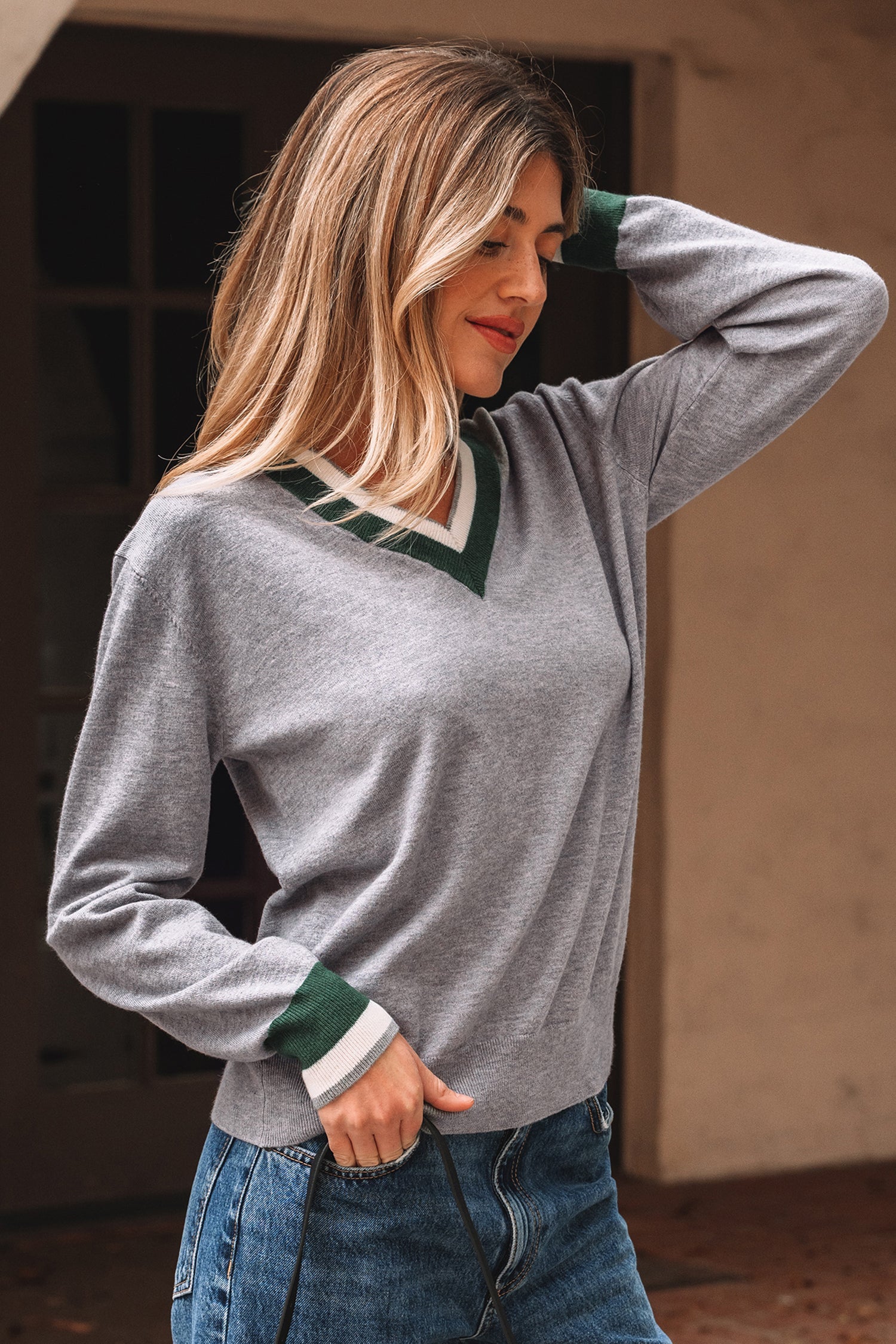 Dear-Lover Gray Striped Trim Unisex Casual Knit Sweater Lightweight Fall Top Dear-Lover Dropshipping