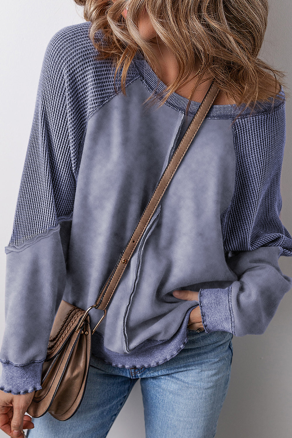 Sail blue waffle knit patchwork sweatshirt with raglan sleeves