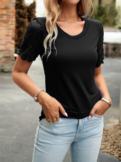 Lace Detail Round Neck Short Sleeve T-Shirt.