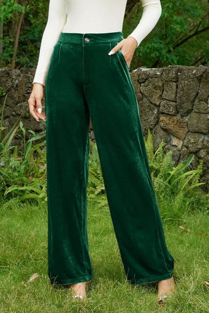 Chic Velvet Wide-Leg Trousers with Functional Pockets