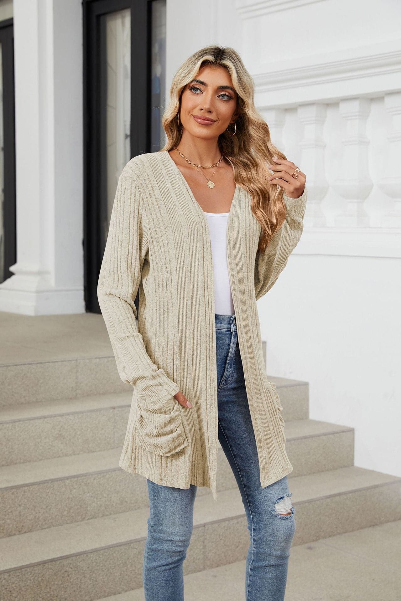 Pocketed Open Front Long Sleeve Cardigan.