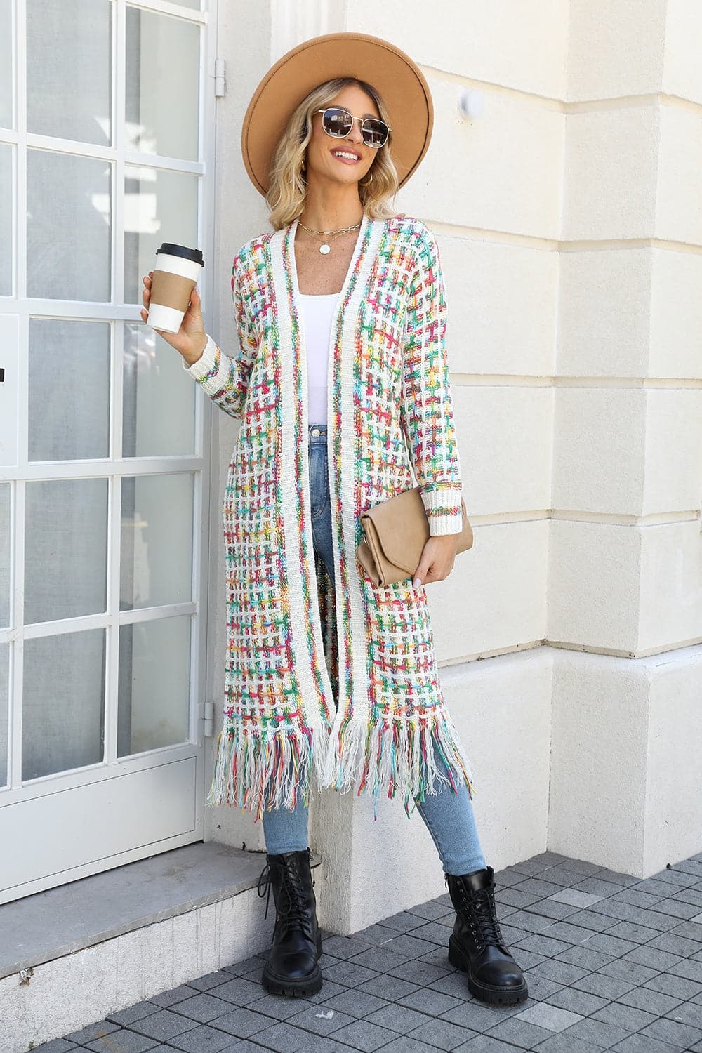 Multicolored Open Front Fringe Hem Cardigan.