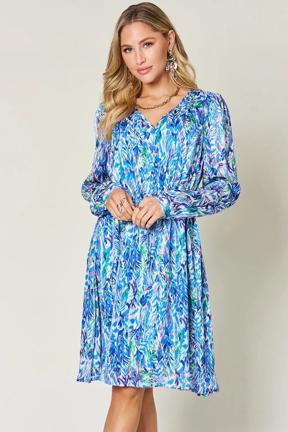 Double Take Full Size Printed Drawstring Waist Long Sleeve Dress - Love Salve