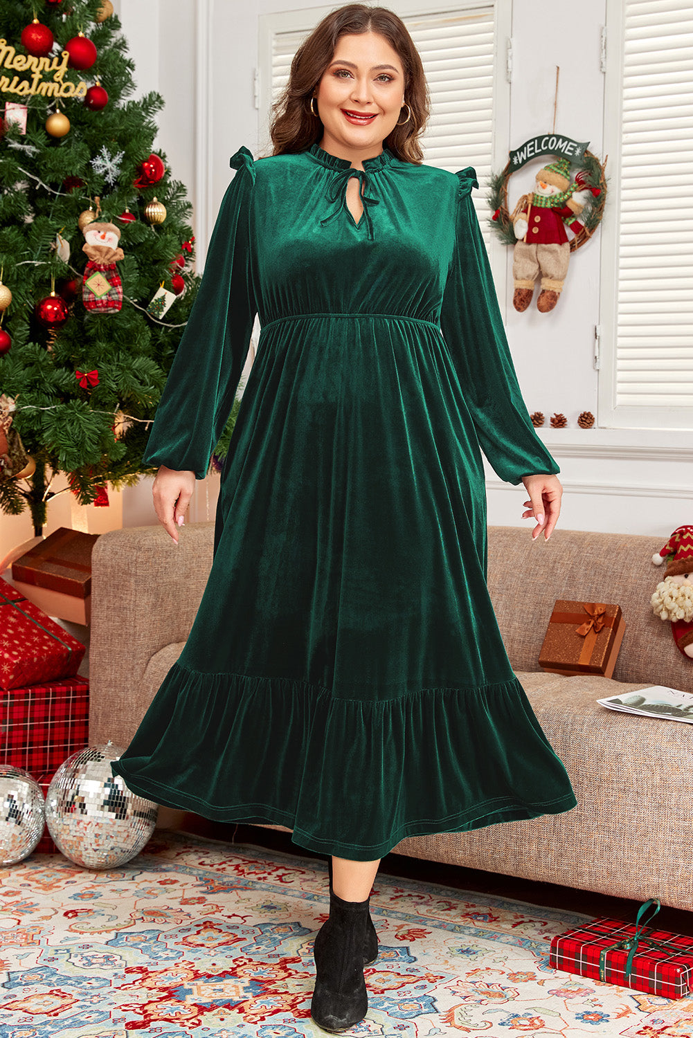 Elegant blackish green velvet high-waist midi dress with frilled neckline and ruffled hem