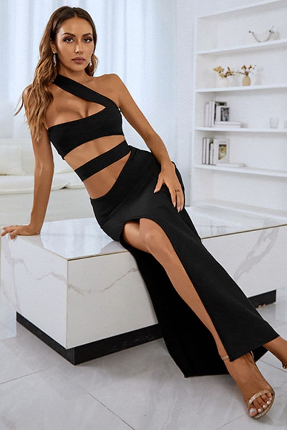 One-Shoulder Cutout Front Split Maxi Dress.