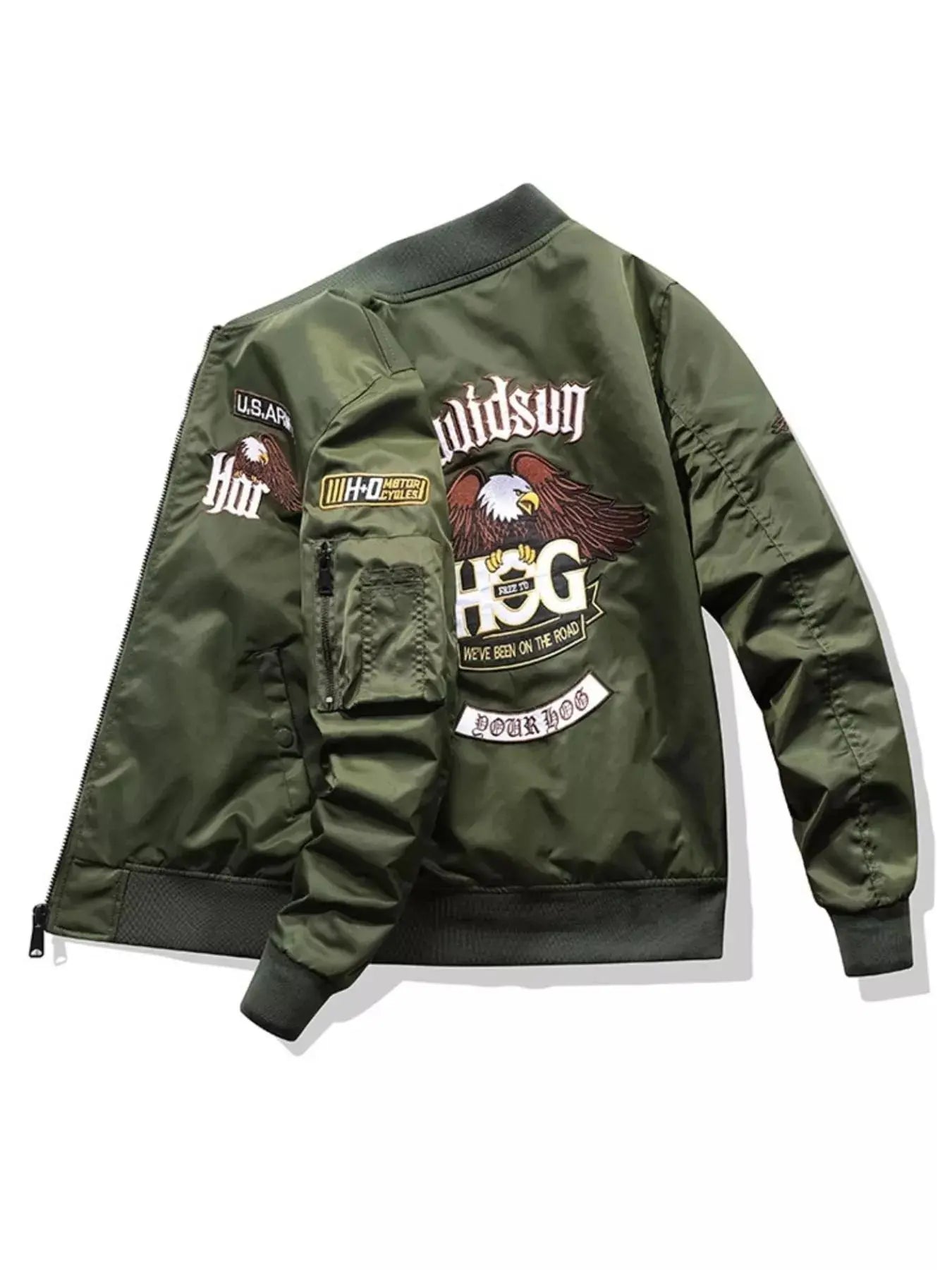 Men's Military Patch Embroidered Bomber Jacket Nylon Zip Up Simply Love