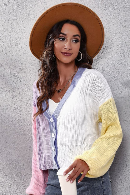 Color Block Ribbed Long Sleeve Cardigan.