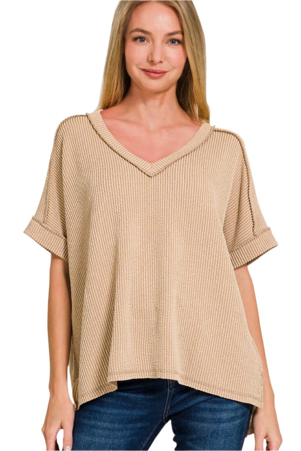 Stylish high-low ribbed V-neck tee for effortless chic