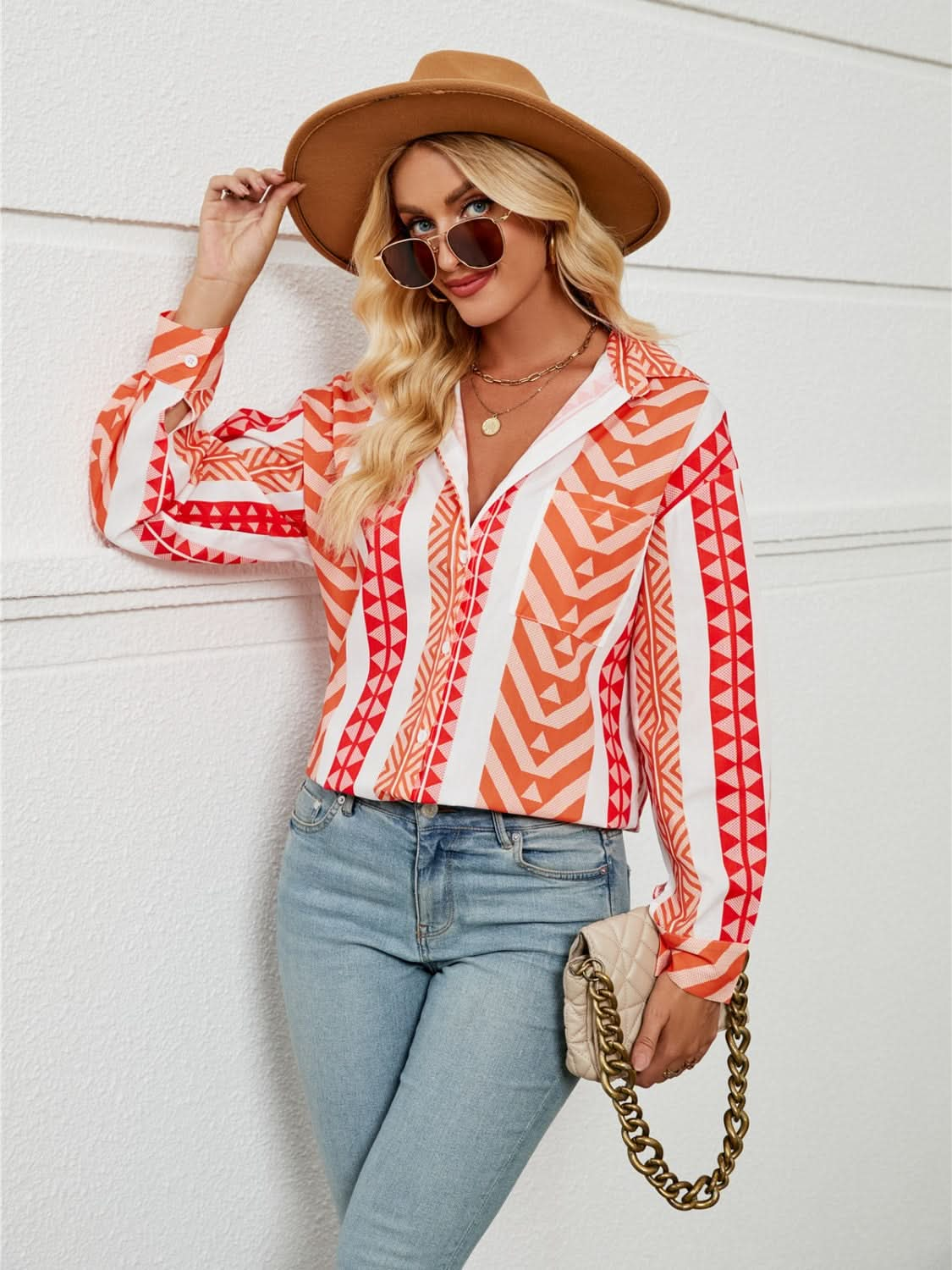 Geometric Collared Long Sleeve Button-Up Shirt