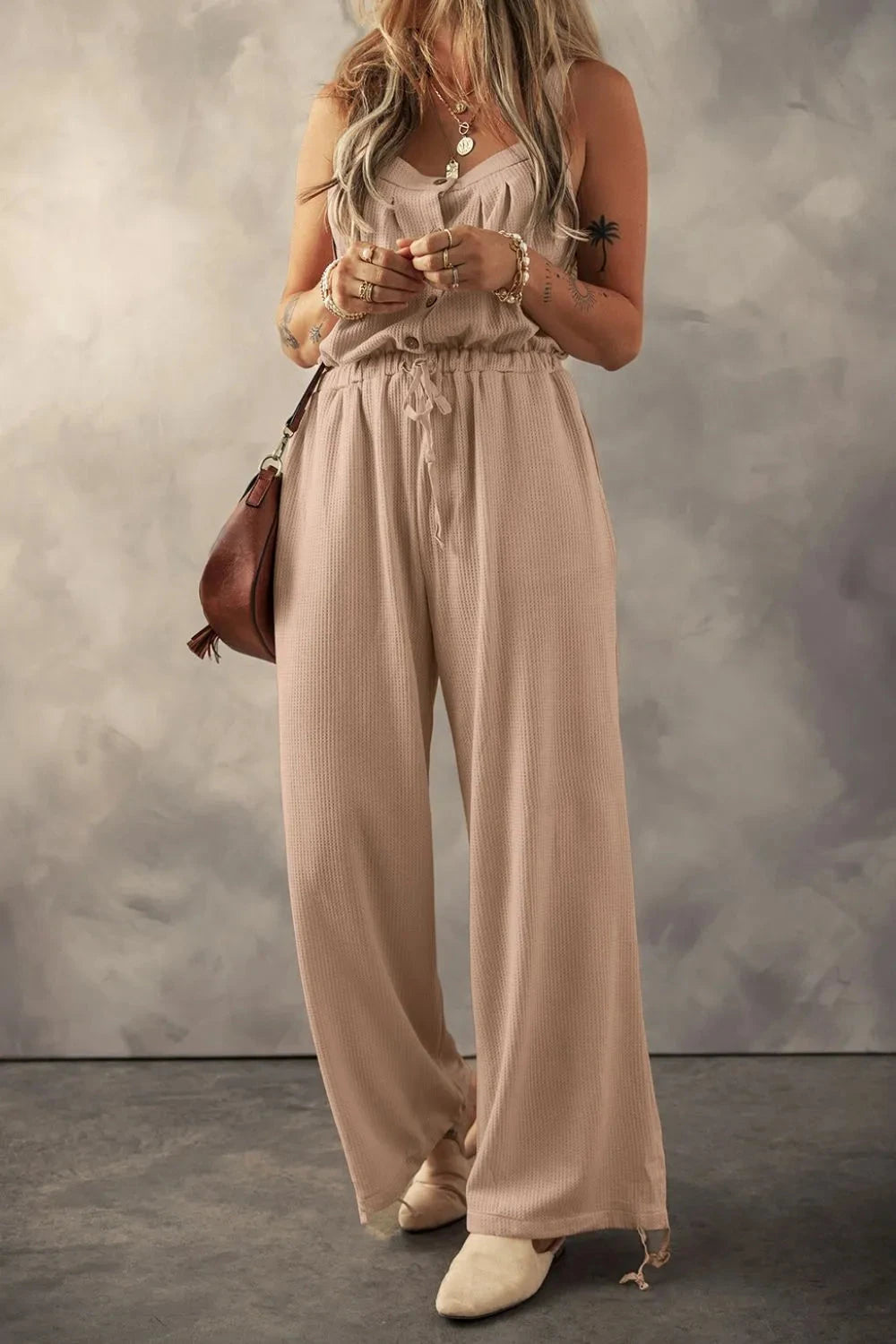 Knotted Straps Button Textured Drawstring Jumpsuit Simply Love