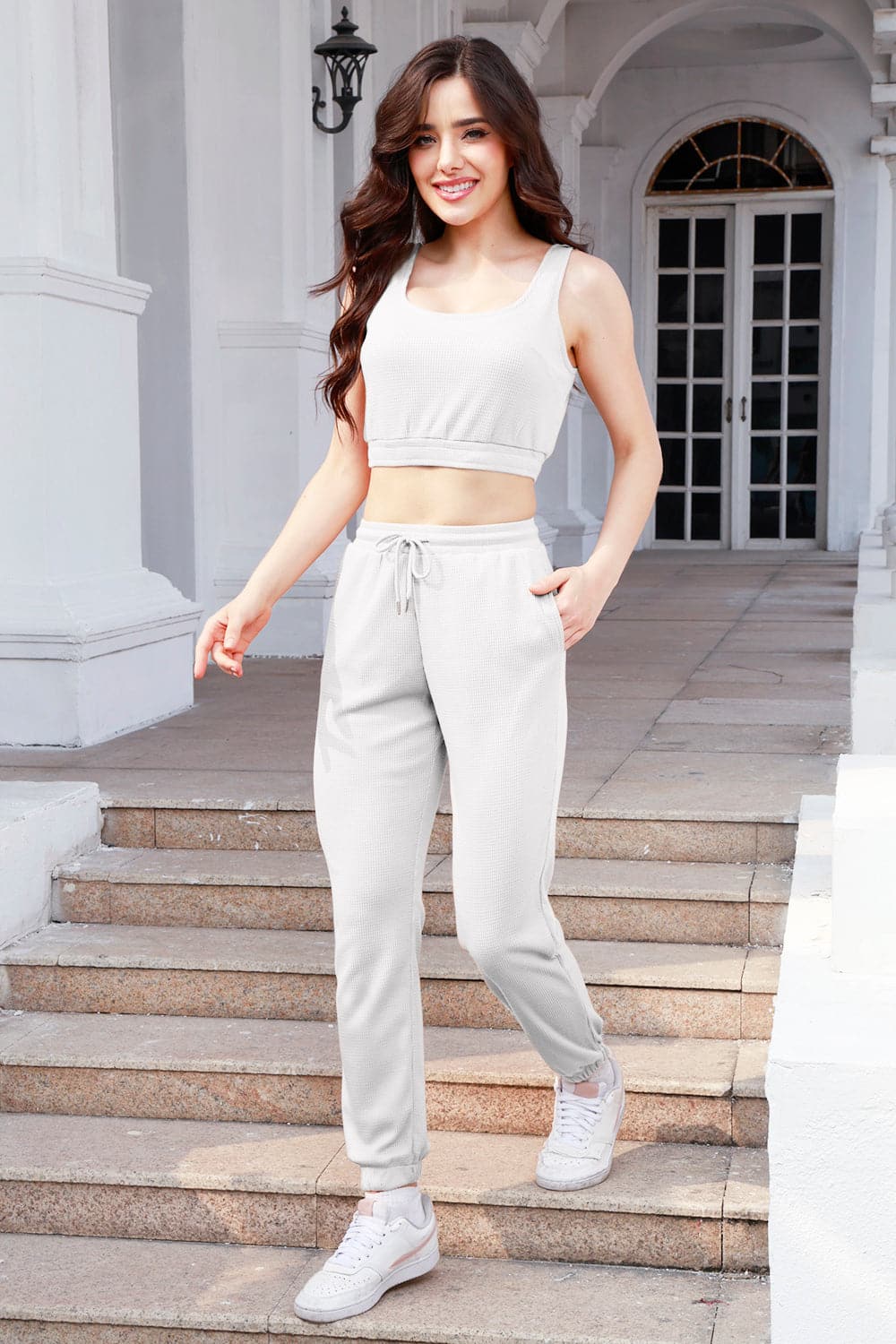 Waffle-Knit Cropped Tank and Drawstring Pants Set.