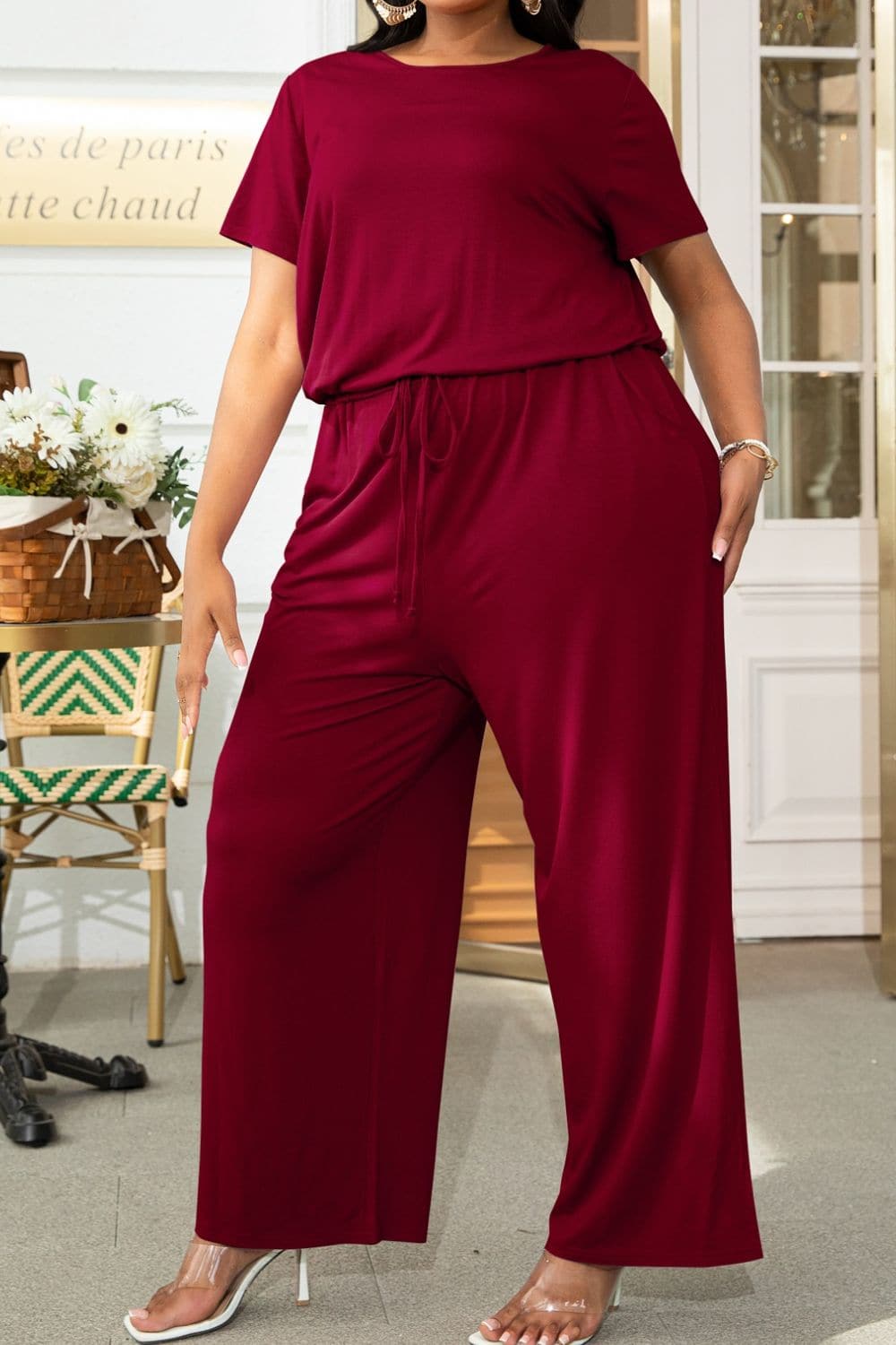 Plus Size Drawstring Waist Short Sleeve Jumpsuit.