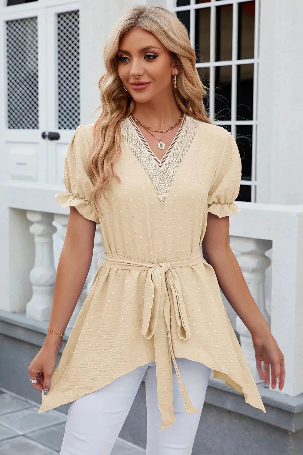 Swiss Dot Tie Waist Flounce Sleeve Blouse Coco’s Tee Boutique