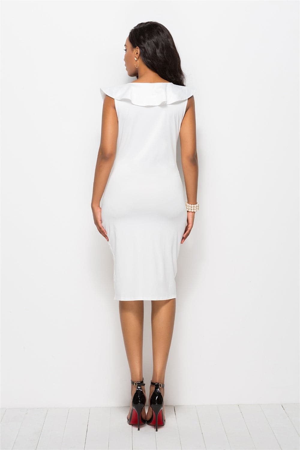 Ruched Ruffled Cap Sleeve Dress.