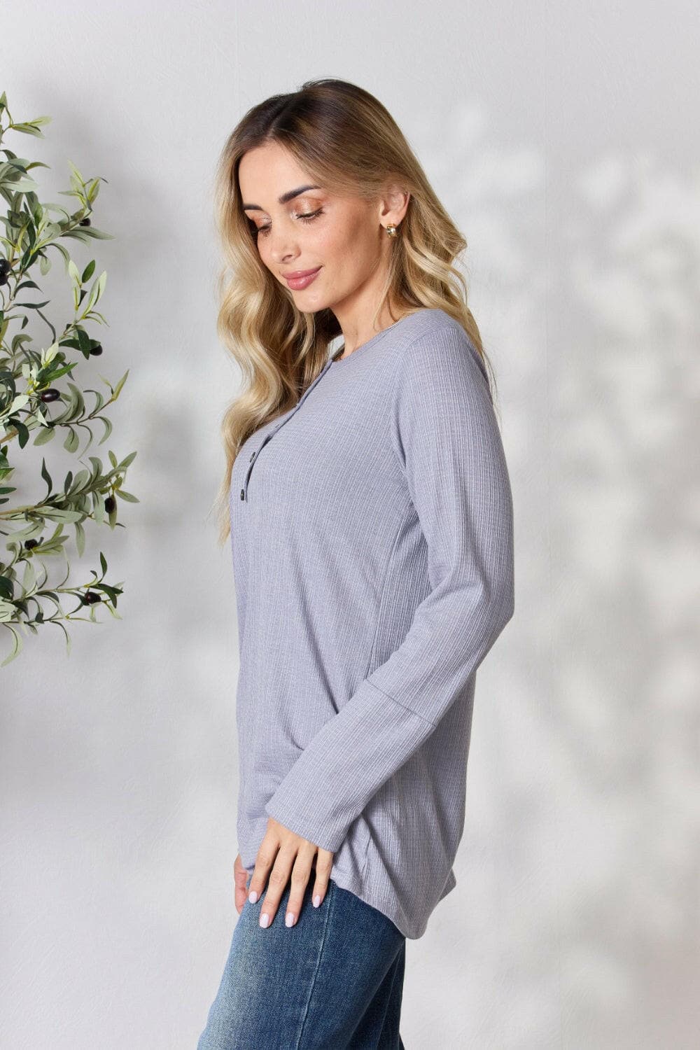 Heimish Full Size Texture Half Button Long Sleeve Top.