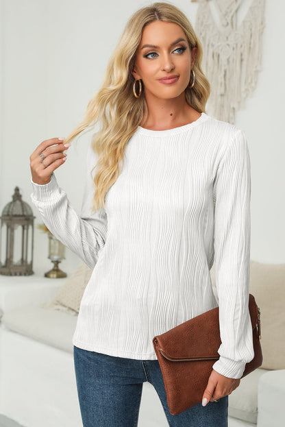 Textured Round Neck Long Sleeve Blouse.