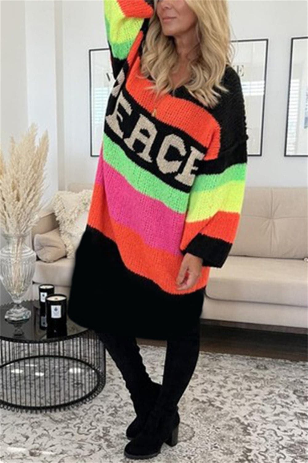 Color Block V-Neck Long Sleeve Sweater Dress.