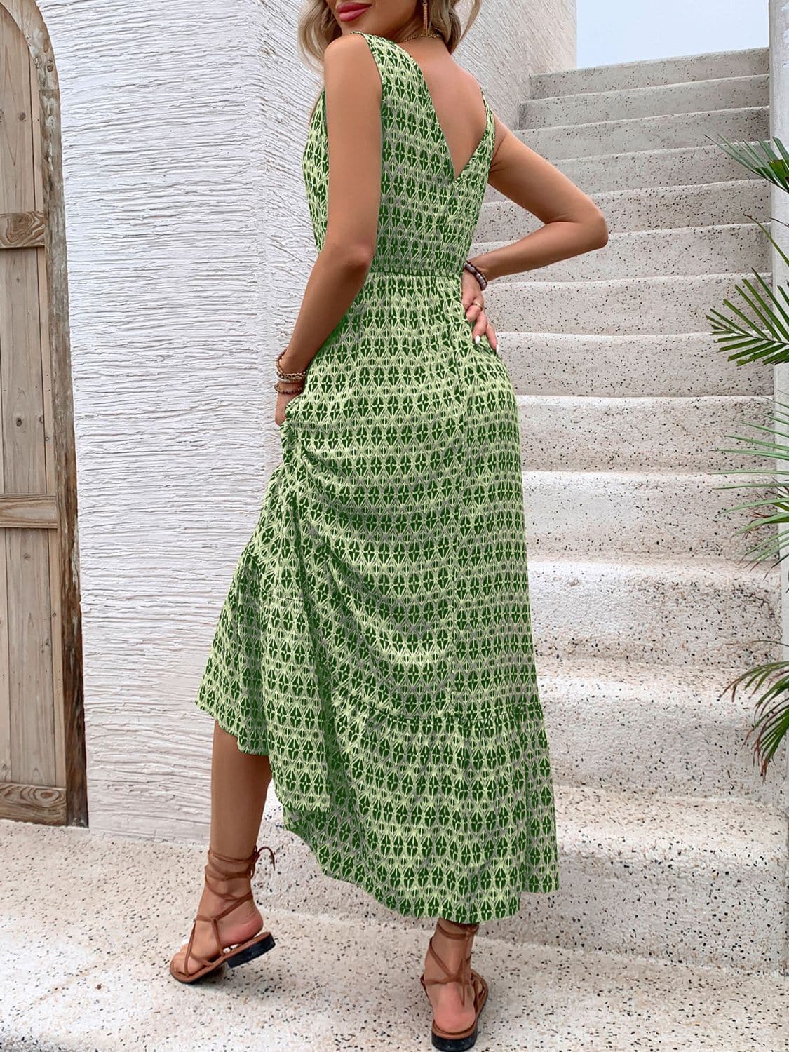 Printed V-Neck Tie Waist Midi Dress.