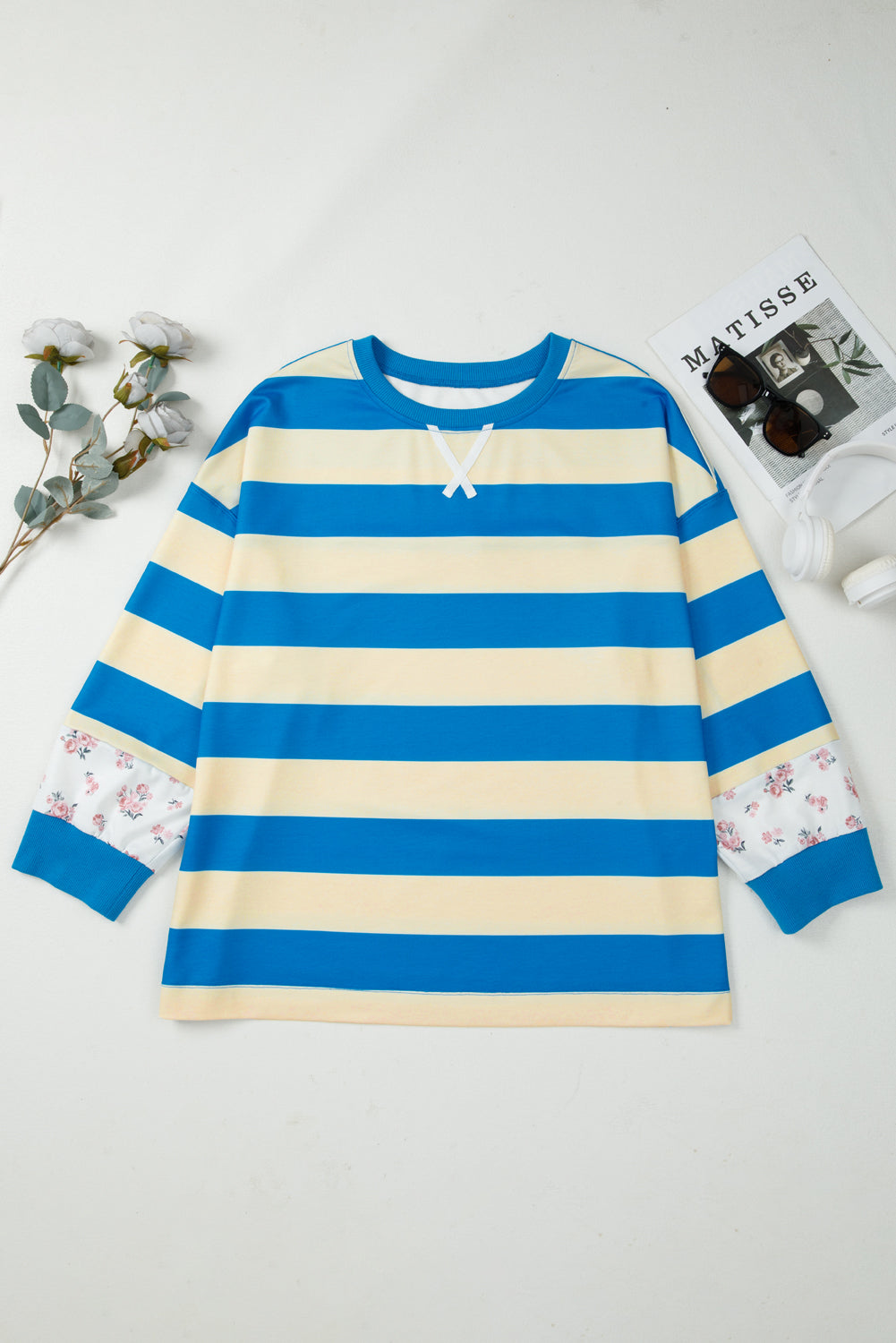 Blue Stripe Floral Color Block Drop Shoulder Plus Size Top