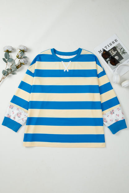 Blue Stripe Floral Color Block Drop Shoulder Plus Size Top