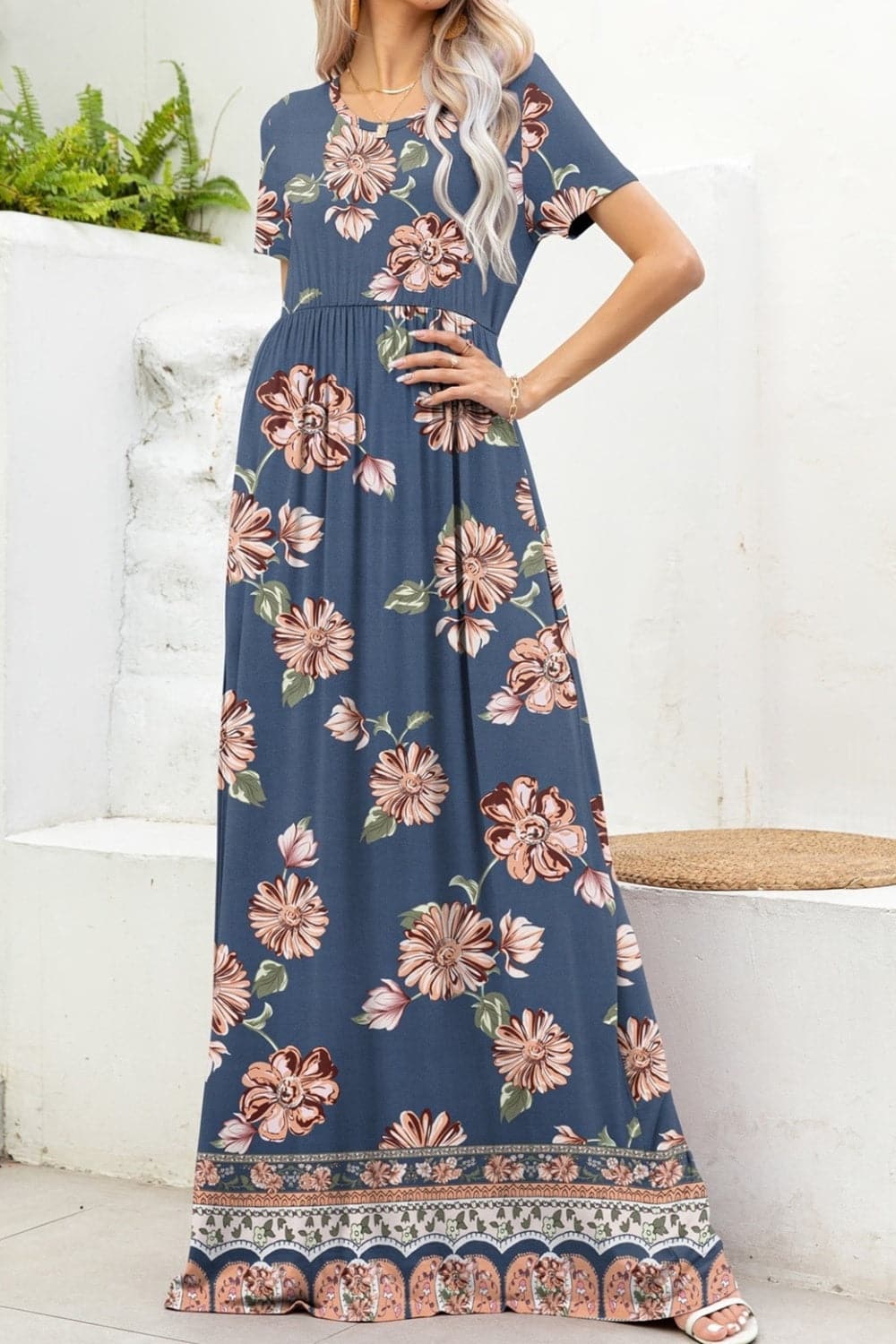 Printed Round Neck Short Sleeve Maxi Dress.