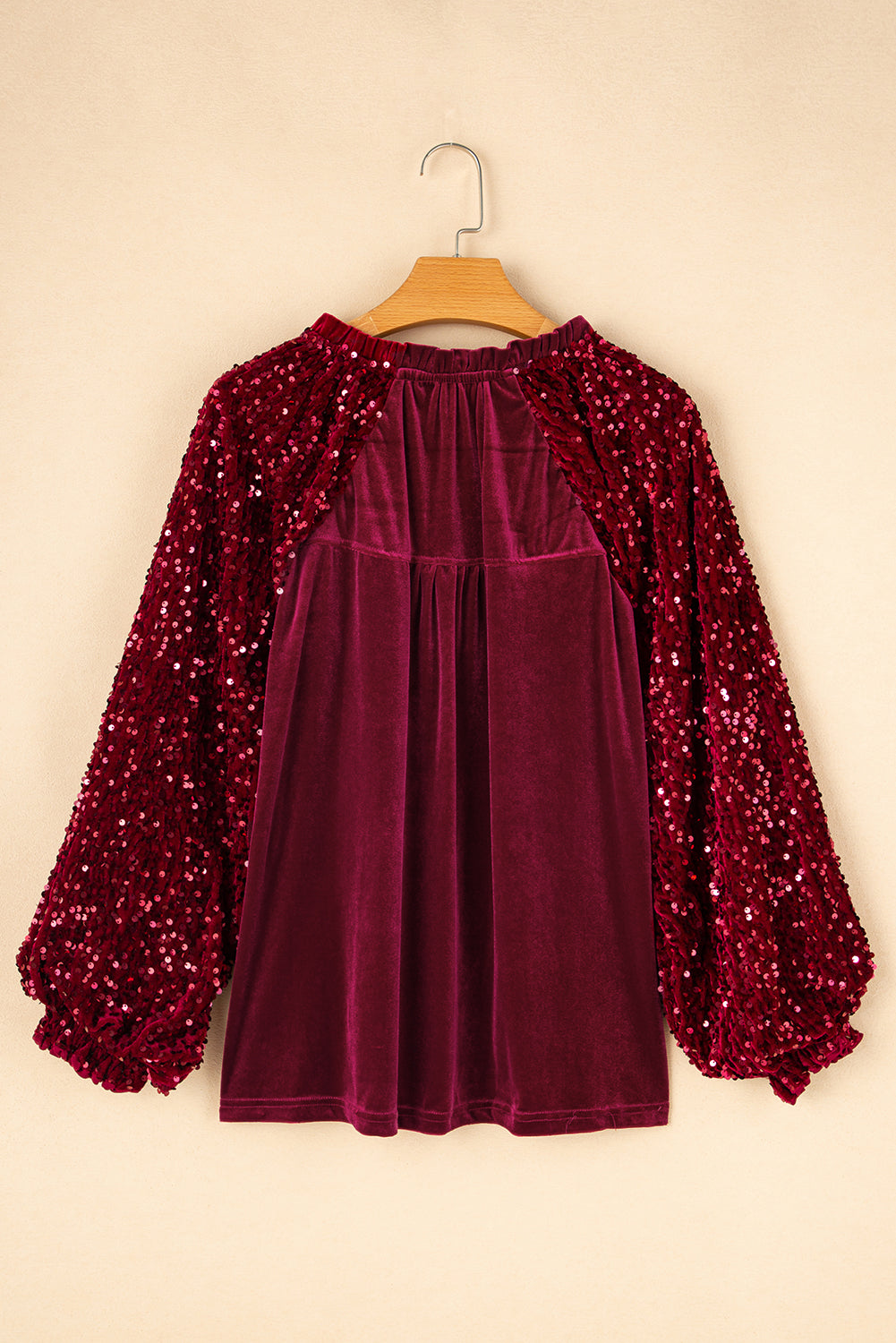 Red Dahlia Sequin Patchwork Sleeve Button Up Velvet Top