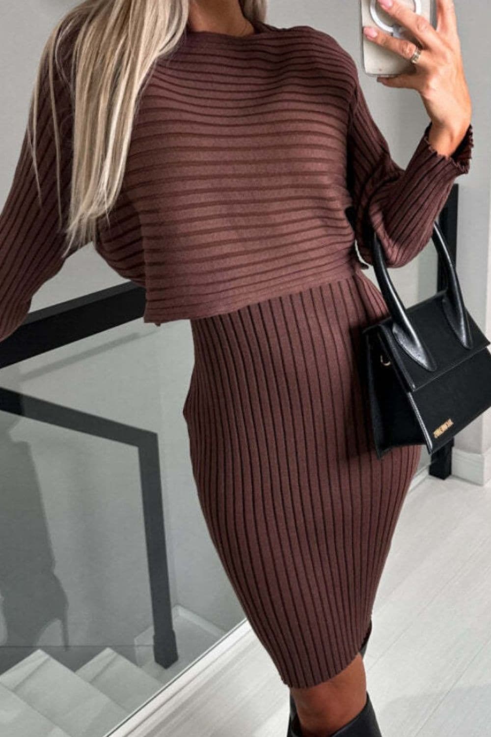 Ribbed Round Neck Top and Cami Dress Sweater Set.