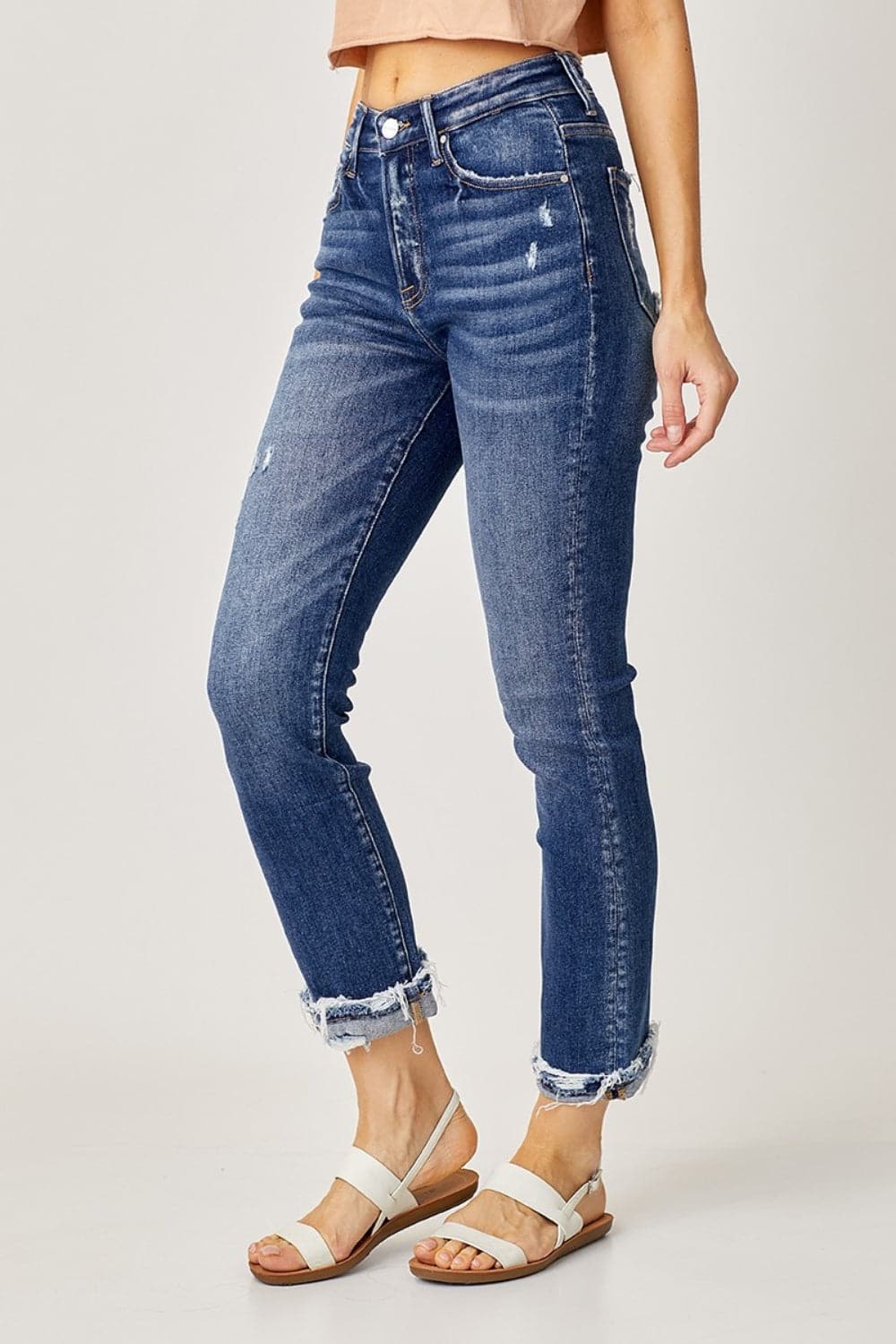 Risen Full Size High-Rise Frayed Cuffed Straight Jeans.